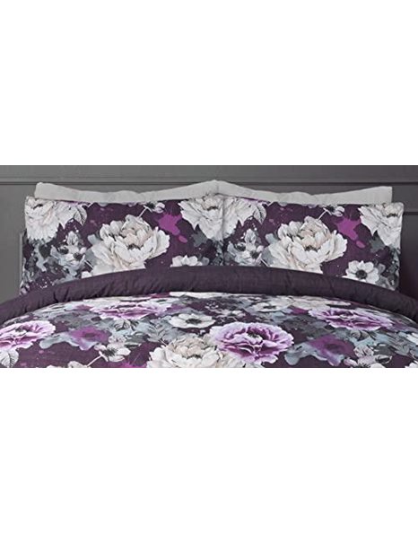 Sleepdown Duvet Cover Set - Purple - Inky Floral – Plain Reversible Quilt Cover Easy Care Bed Linen Soft Cosy Bedding Sets with Pillowcases - Double (200cm x 200cm)