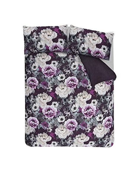 Sleepdown Duvet Cover Set - Purple - Inky Floral – Plain Reversible Quilt Cover Easy Care Bed Linen Soft Cosy Bedding Sets with Pillowcases - Double (200cm x 200cm)