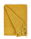 Emma Barclay Honeycomb - Recycled Cotton Plain Waffle Textured Chair Sofa Setee Throw Over Blanket in Ochre Yellow - 70x100 (178x254cm)