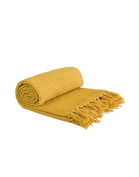 Emma Barclay Honeycomb - Recycled Cotton Plain Waffle Textured Chair Sofa Setee Throw Over Blanket in Ochre Yellow - 90x100 (228x254cm)