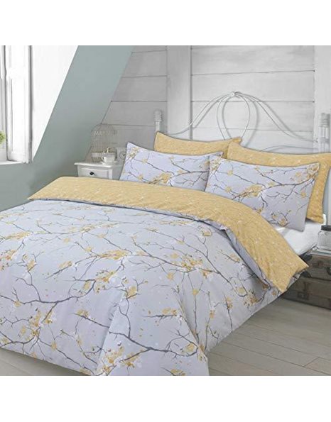 Dreamscene Spring Blossom Duvet Cover with Pillowcase Reversible Oriental Floral Bedding Set, Ochre Yellow Mustard Grey - 3 pieces, Double