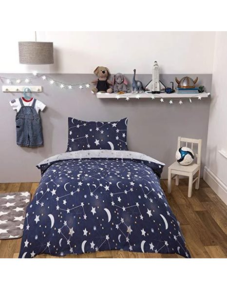 Dreamscene Moon Stars Galaxy Duvet Cover with Pillowcase Reversible Night Sky Bedding Set, Navy Blue Grey - Junior/Cot Bed Size