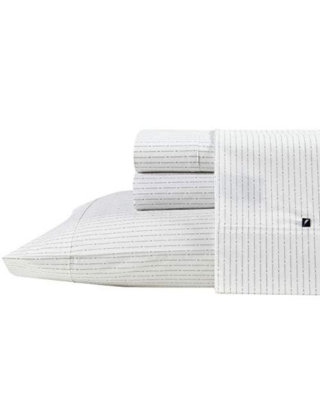 Nautica - Queen Sheets, Cotton Percale Preppy Bedding Set, Crisp & Cool, Lightweight & Breathable (Buoy Line Grey, Queen),White, Grey