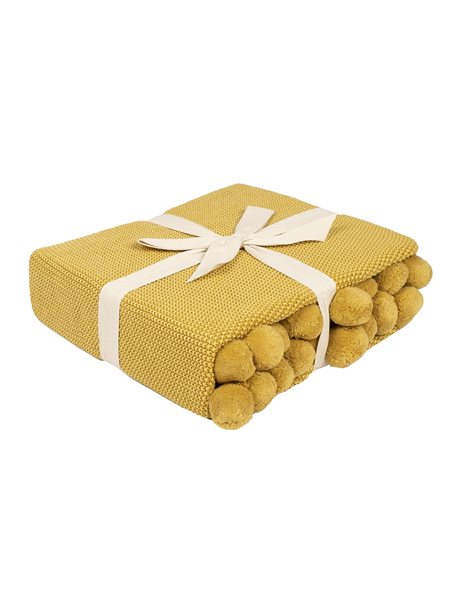 Penguin Home Knitted Throw Blanket with Pom Poms 100% Cotton - Ochre Colour - with Extra Soft Hand Feel for Sofa Couch and Bed - Warm and Cosy Blanket - 130x150 cm (50"x60")