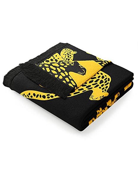 AmeliaHome Zaria Cheetah Cuddly Blanket 150 x 200 cm Cotton Cheetah Pattern Black Yellow