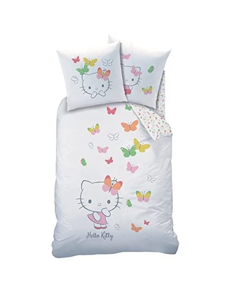 CTI Hello Kitty Butterflies Childrens Bedding Set, 100% Cotton, Oeko-Tex, Girls Single Duvet Cover, 140 x 200 cm + 1 Pillowcase 63 x 63 cm, Reversible Print, White 047849