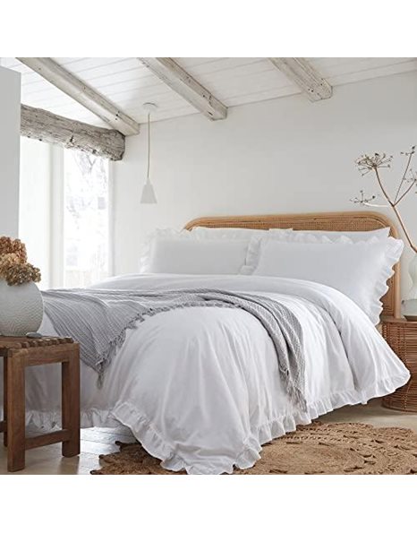 Appletree Loft - Cassia Frill - 100% Cotton Duvet Cover Set - King Bed Size in White