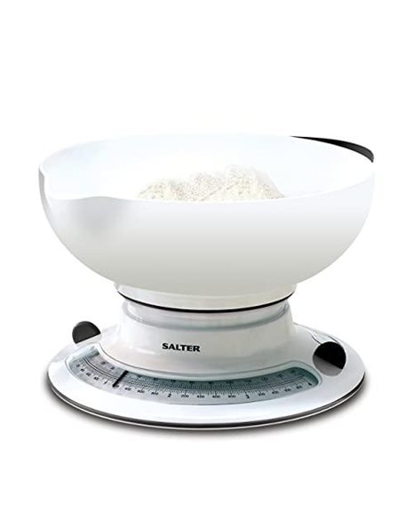 Salter 800 WHBKDR Aquaweigh Mechanical Scale, Measures Liquids and Fluids, Add & Weigh, Rotating Twin Dial, Pouring Spout, 2.6 L Bowl Clips Over Scale, Max 4 kg, Baking/Cooking, White