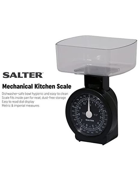 Salter 114 BKCLDR Mechanical Kitchen Scale, Compact, 5 Kg Max Capacity, Dishwasher Safe Bowl, Easy Clean, Scale Fits Inside Pan, Dust-Free Storage, Metric/Imperial, Large Dial, Black