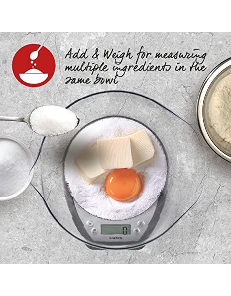 Salter 1024 SVDR14 Digital Kitchen Scale With Bowl- 2L Dishwasher Safe Mixing Bowl, Easy Dual Pour Wide & Narrow Spouts, Measure Liquids, Add & Weigh Function, Easy Read Display, 5kg Capacity, Silver