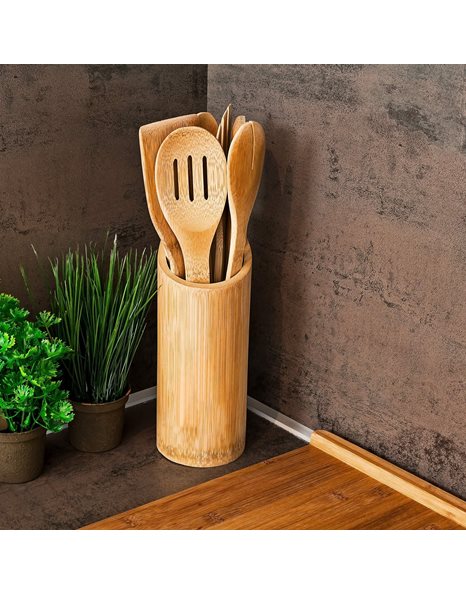 Relaxdays 7 Piece Bamboo Kitchen Utensils Set, Pieces about 30 cm Long, Includes Spatula, Spoon, Fork, Salad Tongs, Holder, Natural Brown