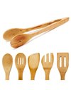 Relaxdays 7 Piece Bamboo Kitchen Utensils Set, Pieces about 30 cm Long, Includes Spatula, Spoon, Fork, Salad Tongs, Holder, Natural Brown