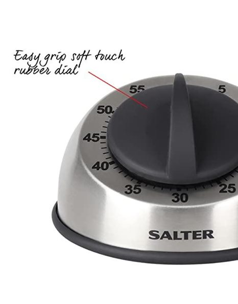 Salter 338 SSBKXR15 Mechanical Stainless Steel Timer, 60 Minutes, Clockwork Countdown Mechanism, Easy Grip Soft Touch Dial, Brushed Stainless Steel, Kitchen Food Cooking, Baking, Kitchen Timer