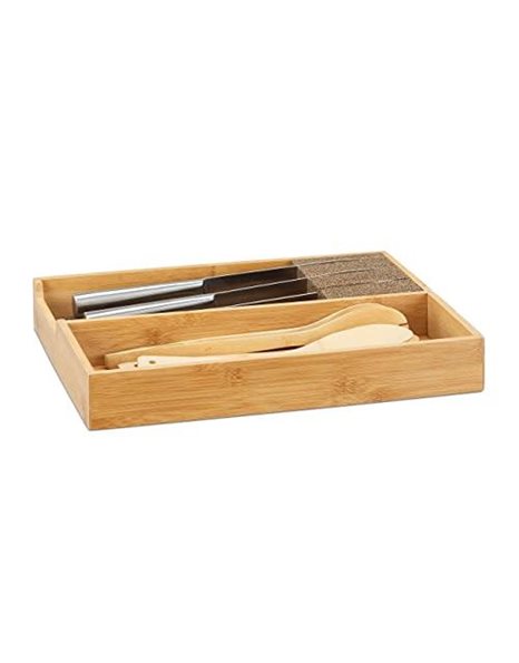 Relaxdays Bamboo Knife Block, in-Drawer Knife Organizer, Cutlery Storage, HWD 6.5x38x30cm, Natural
