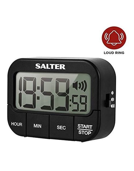 Salter 355 BKXCDU Digital Kitchen Timer - LCD Display, Loud Clock Timer, Magnetic Cooking Stopwatch, Self Standing, Count Up Or Down,19 Hours 59 Minutes and 59 Seconds, Memory Function, Large Buttons
