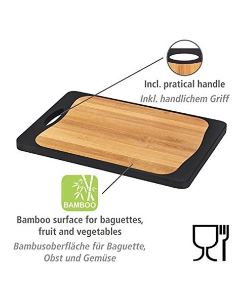 WENKO Cutting board combi, non-slip chopping board with an antibacterial plastic side for meat & fish and a bamboo plastic side, with handle & juice groove, 33 x 23 cm, black/natural