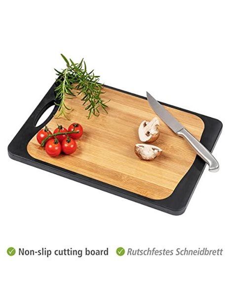WENKO Cutting board combi, non-slip chopping board with an antibacterial plastic side for meat & fish and a bamboo plastic side, with handle & juice groove, 33 x 23 cm, black/natural
