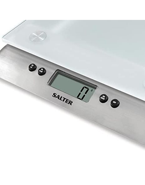 Salter 1242 WHDR Electronic Kitchen Scale - XL 10kg Capacity, Frosted Toughened Glass, Easy Read LCD Display, Add & Weigh/Tare Function, Measure Liquids/Fluids, Metric/Imperial, 15 Year Guarantee