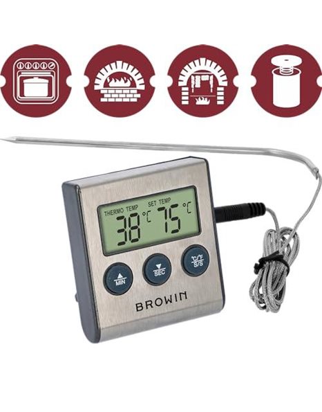 Browin 185609 Food Thermometer with Stainless Steel Probe - Length 1.5 m, Temperature 0-250°C, Cooking and Grill Thermometr with Timer and Alarm Setting, Electronic Display - LCD