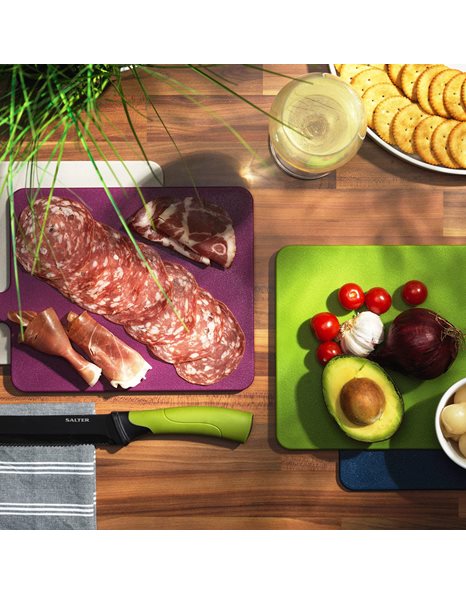 Salter BW04768 Set of 4 Chopping Boards - Rectangular Kitchen Cutting Boards, Charcuterie Boards with Non-Slip Stand, Index Style Chopping Board Set with Food Preparation Indicators, Dishwasher Safe