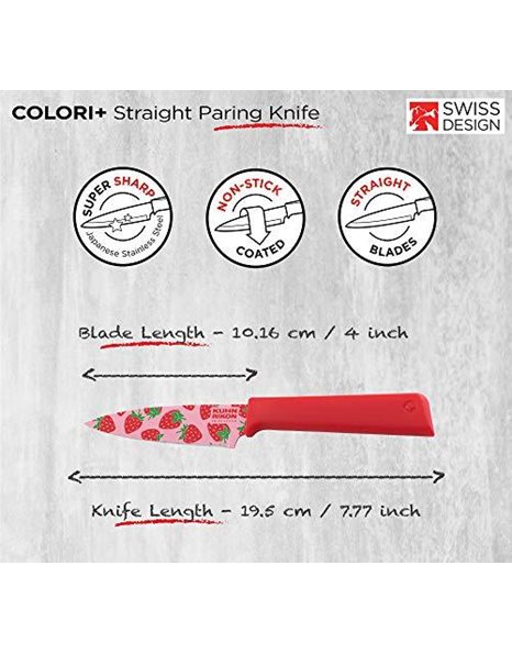 Kuhn Rikon Funky Fruit Strawberry Colori+ Non-Stick Straight Paring Knife with Safety Sheath, Stainless Steel , 19 cm,