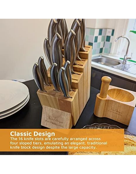 Knife Block Without Knives - 16-Slot - Knife Holder & Knife Block Only, Wooden Knife Storage, Universal Knife Block/Stand - by Jean Patrique