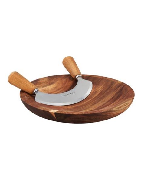 Cole & Mason H722130 Ashden Mezzaluna and Round Chopping Board Set, Herb Chopper Rocker/Fresh Herb Cutter/Serving Board, Acacia Wood/Stainless Steel, Not Suitable for The Dishwasher
