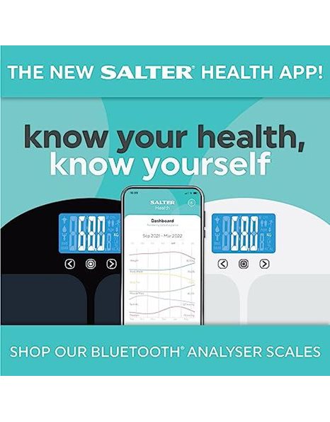 Salter 9159 BK3R Health Premium Bluetooth Smart Bathroom Analyser Scale, Measures Weight, Body Fat/Water, Muscle/Bone Mass, BMI/BMR, 4 User Memory, Connect to Smartphone using Mi Body App, Black