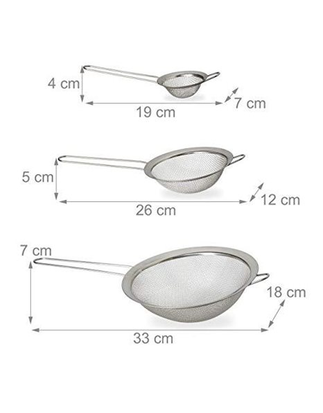 Relaxdays 10026293, Silver Kitchen Sieve Set of 3, ? 7, 12 & 18 cm, with Handle, Flour, Icing Sugar, Sifter, Stainless Steel