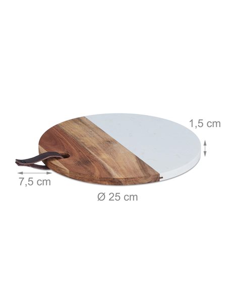 Relaxdays Round Chopping Board, Marble & Wood, Cutting Surface, 25 cm, Breakfast Serving Tray, Cheese, Natural/White, 50%