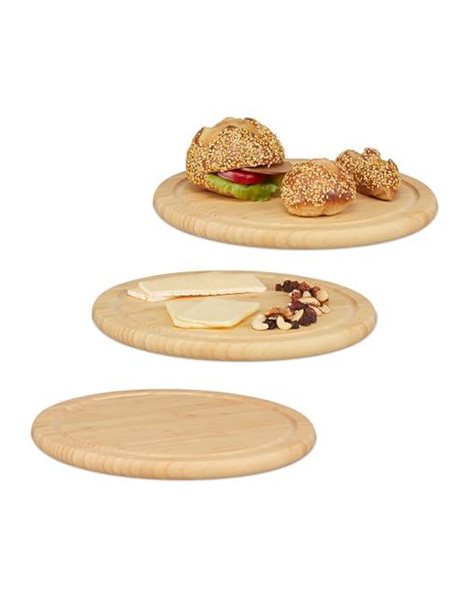 Relaxdays Wooden Board, Set of 3 Breakfast Plate, Round, Cutting, Chopping, Made of Bamboo, O 30 cm, Snack, Natural, 2 x 30 cm