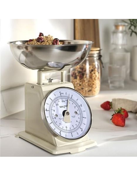 Salter SA00562CFEU12 Timeless Mechanical Kitchen Scale – Baking Scale with 5 kg Capacity, 1 Litre Dishwasher Safe Bowl, Analogue Food Scale, Classic Design, Easy Read Large Dial, 22cm Height, Cream