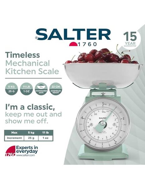Salter SA00562SFEU12 Timeless Mechanical Kitchen Scale – Baking Scale with 5 kg Capacity, 1 Litre Dishwasher Safe Bowl, Analogue Food Scale, Classic Design, Easy Read Large Dial, 22cm Height, Sage