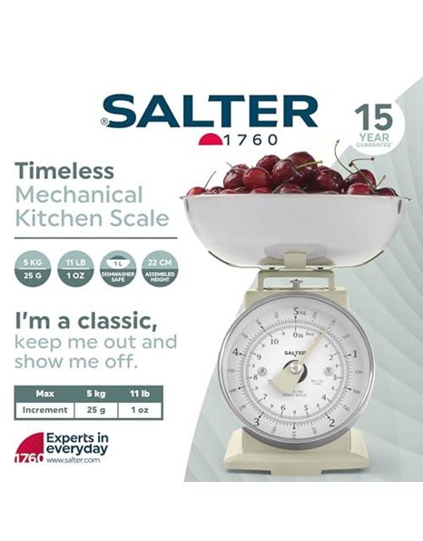 Salter SA00562CFEU12 Timeless Mechanical Kitchen Scale – Baking Scale with 5 kg Capacity, 1 Litre Dishwasher Safe Bowl, Analogue Food Scale, Classic Design, Easy Read Large Dial, 22cm Height, Cream