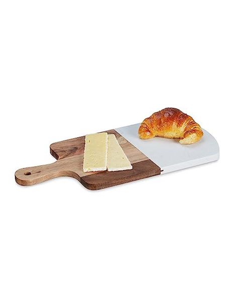 Relaxdays Chopping Board, Marble & Wood, Cutting Surface, 1.5x38x18 cm, Cheese Serving Tray, with Handle, Natural/White, 50%