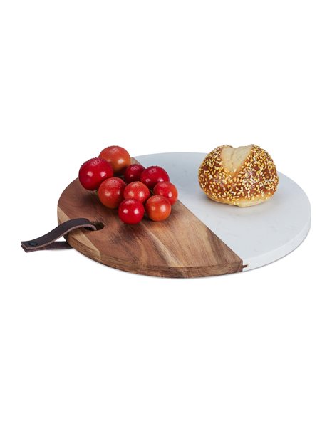 Relaxdays Round Chopping Board, Marble & Wood, Cutting Surface, 25 cm, Breakfast Serving Tray, Cheese, Natural/White, 50%