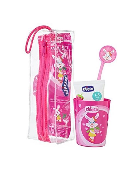 Chicco Kids Toothbrush Case with Cup, Soft Bristles, Ergonomic Grip, Cap, and Matching Case, Toothbrush for Children + 3 Years, Pink