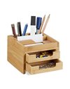 Relaxdays Bamboo Desk Organizer, Stationery Pen Holder, Office File Sorter with Drawer, HxWxD: 9.5 x 12.5 x 15 cm, Natural