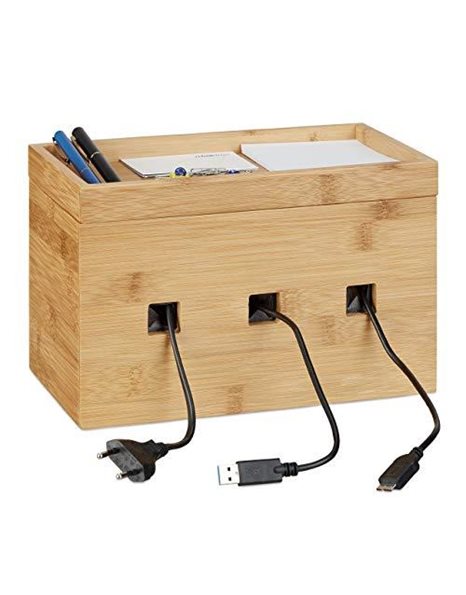 Relaxdays Bamboo Cable Box, Multipurpose Wooden Docking Station, Desk Organizer Charging Post, H x W x D: 16.5 x 25.5 x 14 cm, Natural