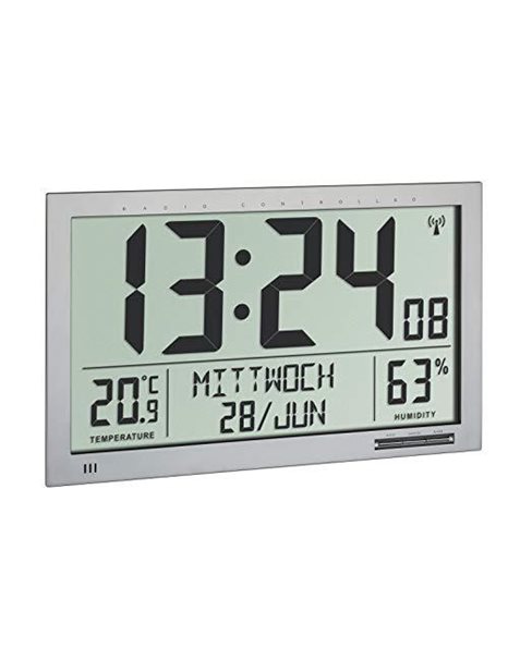 TFA Dostmann Radio Wall Clock XXL 60.4517.54 with Temperature and Humidity Large Display Easy to Read Silver, L400 x B55 x H250 mm