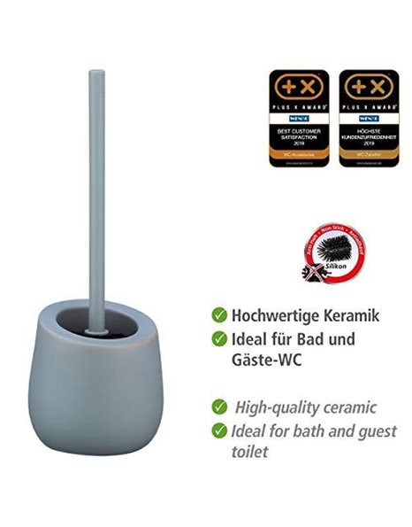 Wenko Badi Grey Toilet Brush Holder with Silicone Bristles and Edge Brush, Ceramic, 13.5 x 38 x 13.5 cm, Grey