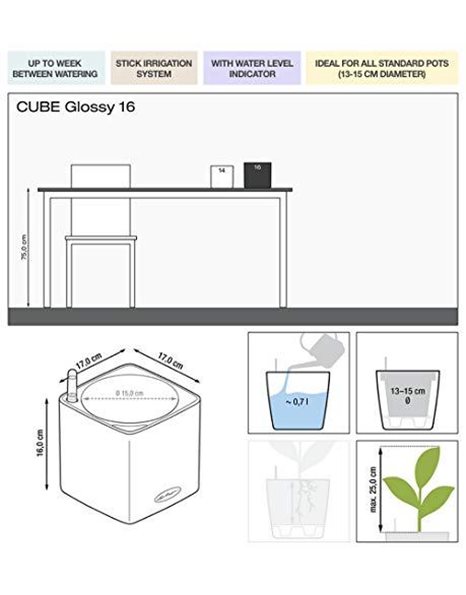 LECHUZA CUBE Glossy 16 Self Watering Planter Small Flower Plant Pot Indoor Table Planter without Drainage Hole Poly Resin H16 L17 W17 cm Charcoal High-Gloss