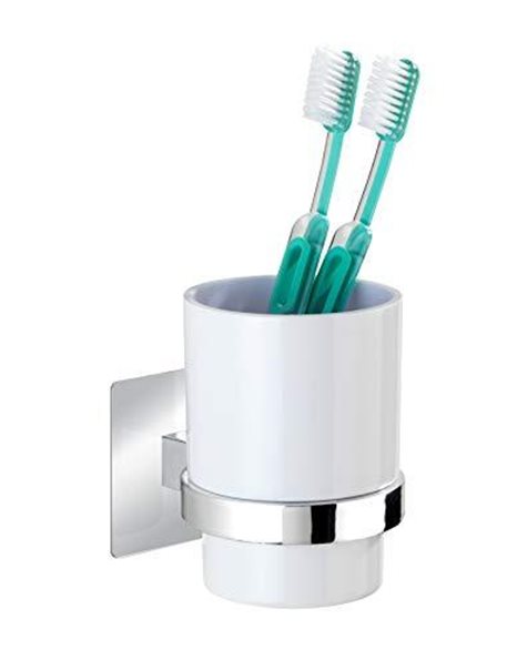 Wenko Turbo-Loc Quadro Chrome Toothbrush Holder, 7 x 10 x 9.5 cm, for Toothbrush and Toothpaste, No Drilling Required