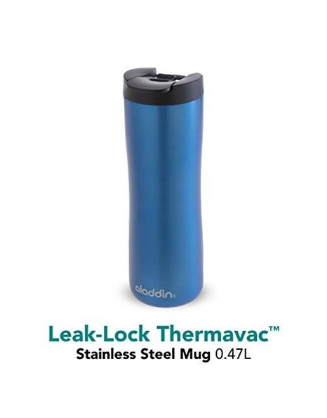Aladdin Leak-Lock Thermavac Stainless Steel Mug 0.47L BlueLeakproof - Double Wall Vacuum Insulated Cup - Keeps Hot for 3.5 Hours - BPA-Free Stainless Steel Travel Mug - Dishwasher Safe