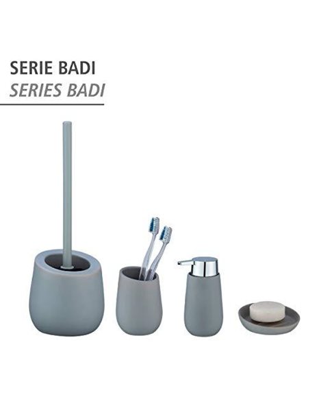 Wenko Badi Grey Toilet Brush Holder with Silicone Bristles and Edge Brush, Ceramic, 13.5 x 38 x 13.5 cm, Grey